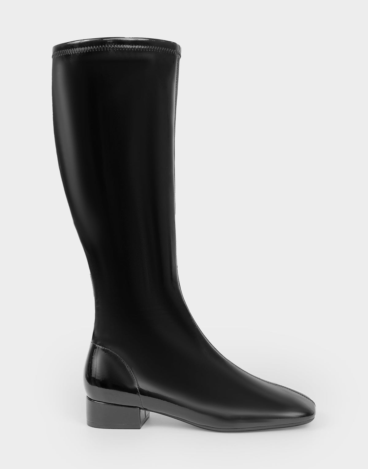 Comfortable Women's Low Block Heel Boot In Black Patent Faux Leather